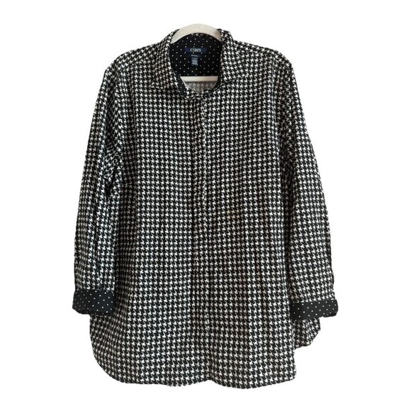 CHAPS No-Iron Button Down Black White Houndstooth Contrast Cuffs Top Size 2X - Picture 1 of 10